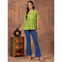 KALAMIR Floral Printed V-Neck Pleated Pure Cotton Peplum Top-picture-32