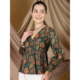 Zenava by Myntra Floral Print Puff Sleeves Cotton Peplum Top-image-8