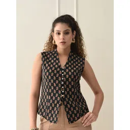 Zenava by Myntra Women Print Mandarin Collar Ethnic Cotton Shirt Style Top-image-47