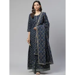 KALINI Abstract Printed Beads and Stones Pure Cotton Kurta With Palazzos & Dupatta-picture-26