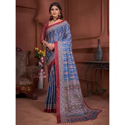 KALINI Ajrak Block Block Print Saree With Contrast Blouse Piece-picture-16