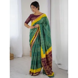 KALINI Bandhani Emblelished Green Pure Cotton Saree-image-36