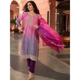 KALINI Bandhani Embroidered Straight Sequinned Kurta With Trousers And Dupatta-picture-33