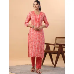 KALINI Batik Printed Square Neck Straight Kurta with Trousers-image-13