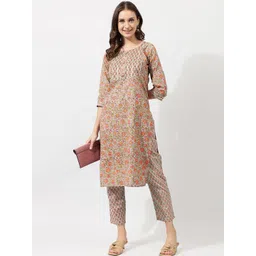 KALINI Beige Ethnic Motifs Printed Gotta Patti Pure Cotton Kurta with Trousers-picture-27