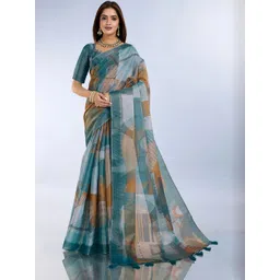 KALINI Blue Printed Art Silk Block Print Sarees-picture-25