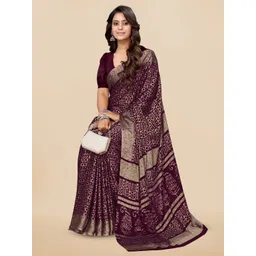 KALINI Burgundy & Beige Batik Printed Chiffon Saree image 5