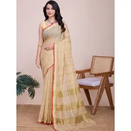 KALINI Cream Soft Cotton Saree Red Border And Matching Blouse-picture-15