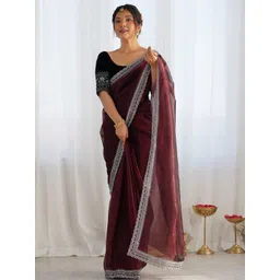 KALINI Embroidered Lace Border Sequinned Net Saree With Unstitched Blouse Piece-picture-24