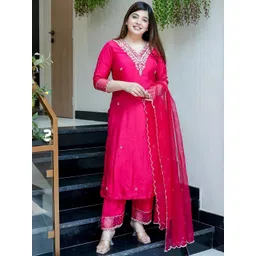 KALINI Embroidered V-Neck Chanderi Silk Straight Kurta With Trousers & Dupatta-picture-38