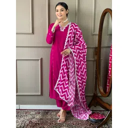 KALINI Embroidered Yoke Design V-Neck Straight Kurta With Trousers & Dupatta-image-2