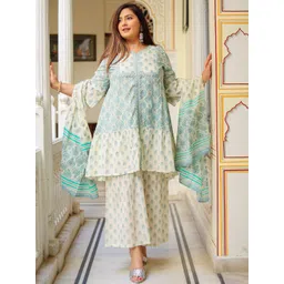 KALINI Ethnic Motif Printed A-Line Pure Cotton Kurta With Trousers & Dupatta-picture-37