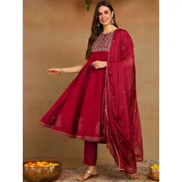 KALINI Ethnic Motifs Embroidered Empire Kurta with Trousers & Dupatta-image-19