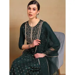 KALINI Ethnic Motifs Embroidered Empire Mirror Work Kurta with Trousers & Dupatta-image-20
