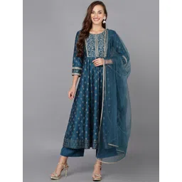 KALINI Ethnic Motifs Embroidered Mirror Work Empire Kurta With Trouser & Dupatta-image-25