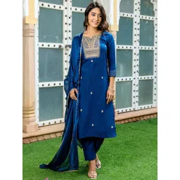 KALINI Ethnic Motifs Embroidered Notch Neck Straight Kurta With Trousers & Dupatta-image-40