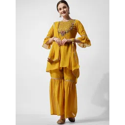KALINI Ethnic Motifs Embroidered Pleated Beads and Stones Kurta & Sharara With Dupatta-picture-29