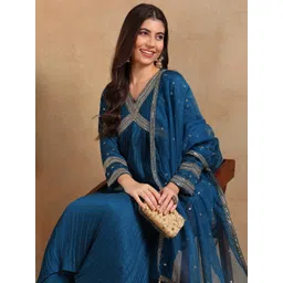 KALINI Ethnic Motifs Embroidered Pleated Kurta with Trousers & Dupatta-picture-14