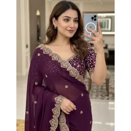 KALINI Ethnic Motifs Embroidered Poly Georgette Heavy Work Saree-picture-31