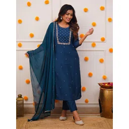 KALINI Ethnic Motifs Embroidered Regular Beads and Stones Kurta With Trousers & Dupatta-picture-30