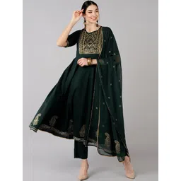 KALINI Ethnic Motifs Embroidered Round Neck Sequinned Empire Kurta With Trouser & Dupatta-image-26