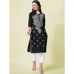 KALINI Ethnic Motifs Embroidered Round Neck Three-Quarter Sleeves Pure Cotton Kurta Set-picture-18