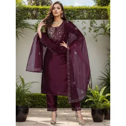 KALINI Ethnic Motifs Embroidered Round Neck Zari Straight Kurta With Trouser & Dupatta-picture-30