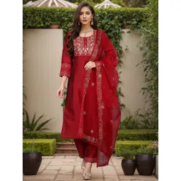 KALINI Ethnic Motifs Embroidered Round Neck Zari Straight Kurta With Trouser & Dupatta-image-46