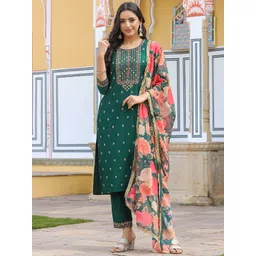 KALINI Ethnic Motifs Embroidered Sequinned Straight Kurta With Trouser & Dupatta-picture-35