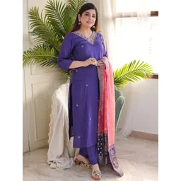 KALINI Ethnic Motifs Embroidered Thread Work Chanderi Silk Kurta With Trouser & Dupatta-picture-39