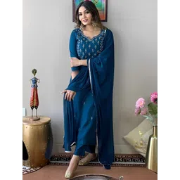 KALINI Ethnic Motifs Embroidered Thread Work Detail Straight Kurta & Trousers With Dupatta-image-49