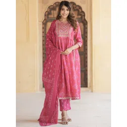 KALINI Ethnic Motifs Embroidered Thread Work Empire Pure Cotton Kurta Trousers & Dupatta-image-16