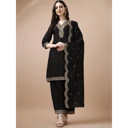 KALINI Ethnic Motifs Embroidered Thread Work Straight Kurta With Palazzos & Dupatta-picture-11