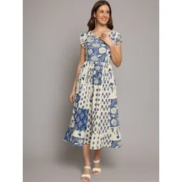 KALINI Ethnic Motifs Printed Cap Sleeves Cotton Fit & Flare Midi Dress-picture-32