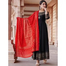 KALINI Ethnic Motifs Printed Fit & Flare Midi Ethnic Dress With Dupatta-picture-21