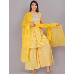 KALINI Ethnic Motifs Printed Gotta Patti Pure Cotton A-Line Kurta With Sharara & Dupatta-picture-37