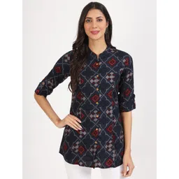 KALINI Ethnic Motifs Printed Mandarin Collar Roll-Up Sleeves Shirt Style Top-picture-20