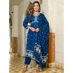 KALINI Ethnic Motifs Printed Pleated A-Line Kurta & Trouser With Dupatta-picture-29