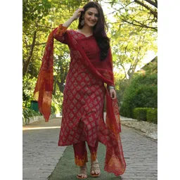 KALINI Ethnic Motifs Printed Printed Notch Neck Straight Kurta With Trousers & Dupatta-picture-31