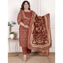 KALINI Ethnic Motifs Printed Round Neck Pure Cotton Straight Kurta & Trousers With Dupatta-picture-24
