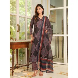 KALINI Ethnic Motifs Printed V-Neck Straight Kurta With Trousers And Dupatta-picture-18