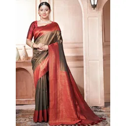 KALINI Ethnic Motifs Woven Design Zari Kanjeevaram Saree With Blouse Piece-picture-23