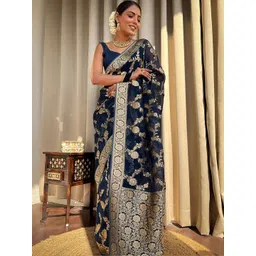 KALINI Ethnic Motifs Zari Silk Blend Heavy Work Banarasi Saree-picture-15