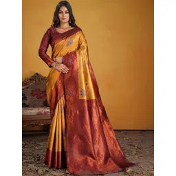 KALINI Ethnic Motifs Zari Silk Blend Heavy Work Kanjeevaram Saree-picture-29