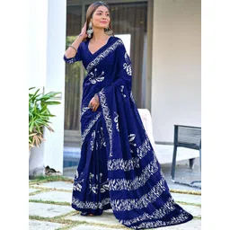 KALINI Floral Batik Block Printed Mulmul Cotton 1-Minute Ready to Wear Saree-image-1