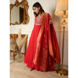 KALINI Floral Embellished Round Neck Long Sleeve Maxi Ethnic Dresses With Dupatta-image-17