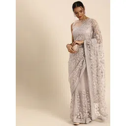 KALINI Floral Embroidered Beads And Stones Embellished Net Saree-image-34