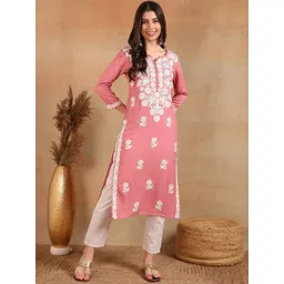 KALINI Floral Embroidered Chikankari Straight Kurta-image-10