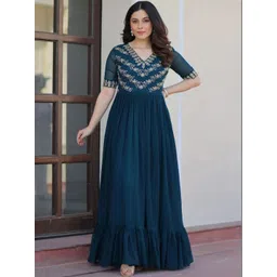 KALINI Floral Embroidered Georgette A-Line Maxi Dress-picture-21