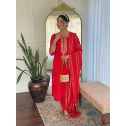 KALINI Floral Embroidered Notch Neck Chanderi Silk Straight Kurta With Trousers & Dupatta-picture-36